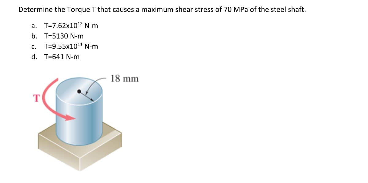 Determine the Torque T that causes a maximum shear stress of 70 MPa of the steel shaft.
a. T=7.62x1012 N-m
b. T=5130 N-m
c.
T=9.55x1011 N-m
d. T=641 N-m
T
18 mm
