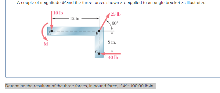 A couple of magnitude Mand the three forces shown are applied to an angle bracket as illustrated.
M
10 lb
- 12 in.1
(25 lb
60°
8 in.
40 lb
Determine the resultant of the three forces, in pound-force, if M = 100.00 lb.in.