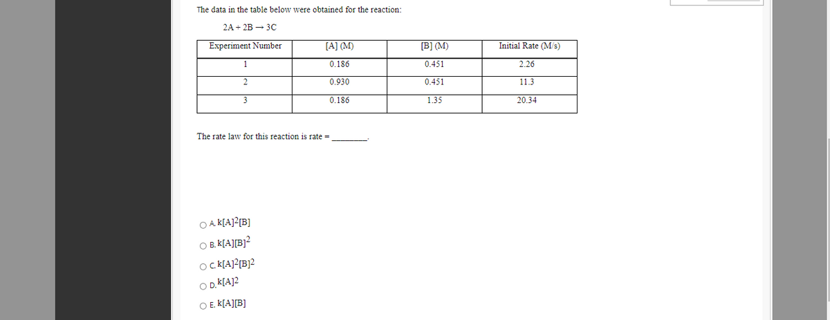 The data in the table below were obtained for the reaction:
2A + 2B – 3C
Experiment Number
[A] (M)
[B] (M)
Initial Rate (M/s)
0.186
0.451
2.26
2
0.930
0.451
11.3
3
0.186
1.35
20.34
The rate law for this reaction is rate =
O A K[A]2[B]
O B. K[A][B]?
Oc K[A]2[B]2
O D. K[A]2
O E. K[A][B]
