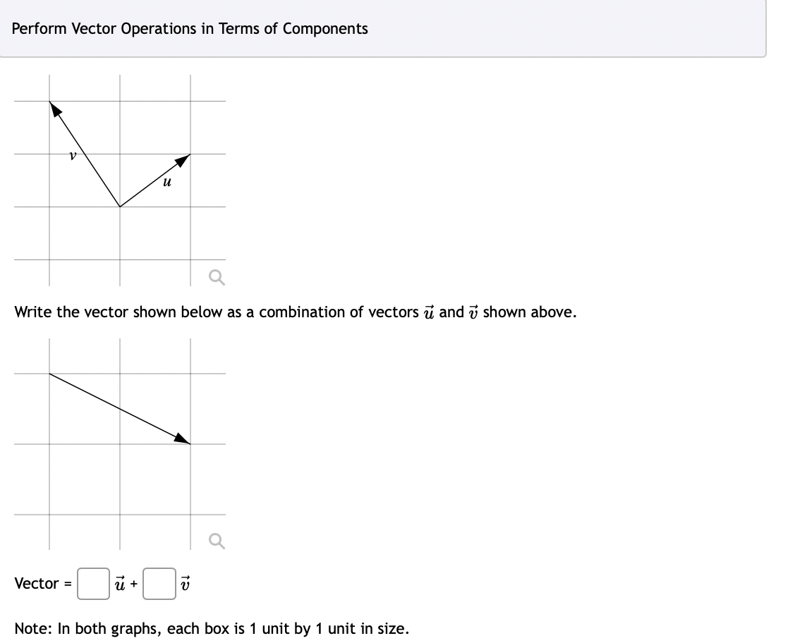 Perform Vector Operations in Terms of Components
V
Write the vector shown below as a combination of vectors and shown above.
Vector =
13
u
ū +
v
Note: In both graphs, each box is 1 unit by 1 unit in size.