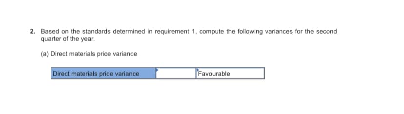 2. Based on the standards determined in requirement 1, compute the following variances for the second
quarter of the year.
(a) Direct materials price variance
Direct materials price variance
Favourable
