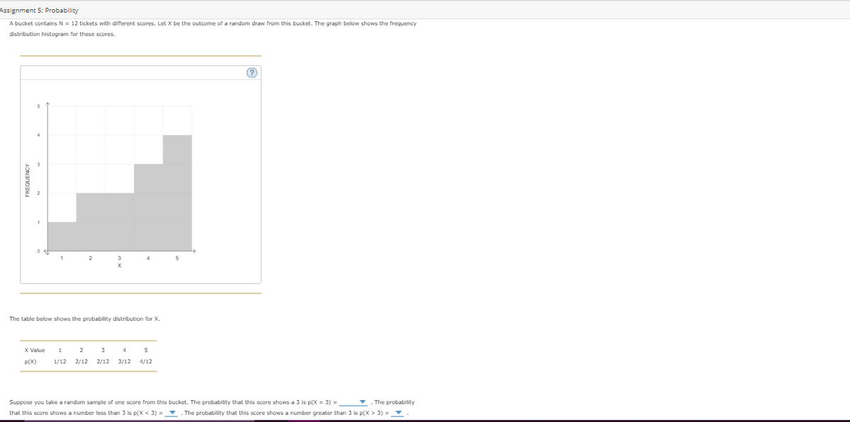 Assignment 5: Probability
A bucket contains N = 12 tickets with different scores. Let X be the outcome of a random draw from this bucket. The graph below shows the frequency
distribution histogram for these scores.
The table below shows the probability distribution for X.
X Value
1
2
3
4
5
P(X)
1/12
2/12
2/12
3/12
4/12
Suppose you take a random sample of one score from this bucket. The probability that this score shows a 3 is p(X = 3) =
The probability
that this score shows a number less than 3 is p(X < 3) = v. The probability that this score shows a number greater than 3 is p(X > 3) = v
