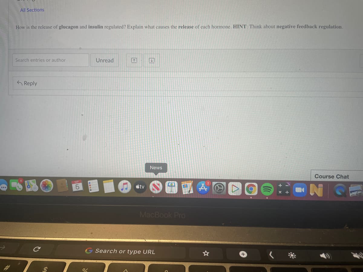 All Sections
How is the release of glucagon and insulin regulated? Explain what causes the release of each hormone. HINT: Think about negative feedback regulation.
Search entries or author
Unread
G Reply
News
Course Chat
IN
átv
MacBook Pro
G Search or type URL
%23
%24
