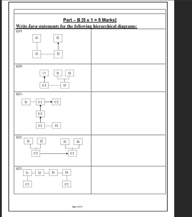 Part-B [5 x 1 = 5 Marks]
Write Java statements for the following hierarchical diagrams:
Q19.
Q20.
Q21.
Q22.
Q23.
II
11
11
CI
II
12
22
12
12
C2
C3
CI
Cl
CI
C2
12
12
II
C2
13
13
13
13
12
14
C2
CI
14
age of 20