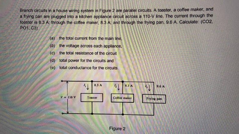 Branch circuits in a house wiring system in Figure 2 are parallel circuits. A toaster, a coffee maker, and
a frying pan are plugged into a kitchen appliance circuit across a 110-V line. The current through the
toaster is 8.3 A; through the coffee maker, 8.3 A; and through the frying pan, 9.6 A. Calculate: (CO2,
PO1. C3)
(a) the total current from the main line,
(b) the voltage across each appliance,
(c) the total resistance of the circuit
(d) total power for the circuits and
(e) total conductance for the circuits.
8.3 A
8.3 A
1 9.6 A
V- 110 V
Toaster
Coffee maker
Frying pan
Figure 2
