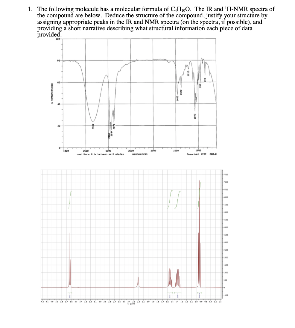 1. The following molecule has a molecular formula of C,H16O. The IR and 'H-NMR spectra of
the compound are below. Deduce the structure of the compound, justify your structure by
assigning appropriate peaks in the IR and NMR spectra (on the spectra, if possible), and
providing a short narrative describing what structural information each piece of data
provided.
100
20
4800
3000
2500
15e0
1800
capillary filn betueen salt plates
WAVENUMBERS
Copyright 1992 600.e
-7500
-7000
-6500
-4000
-5500
5000
4500
-4000
-3500
-3000
-2500
-2000
-1500
-1000
s00
500
4.2 4.1
24 25
22 21
1 10 09 0s 07 06 0S
