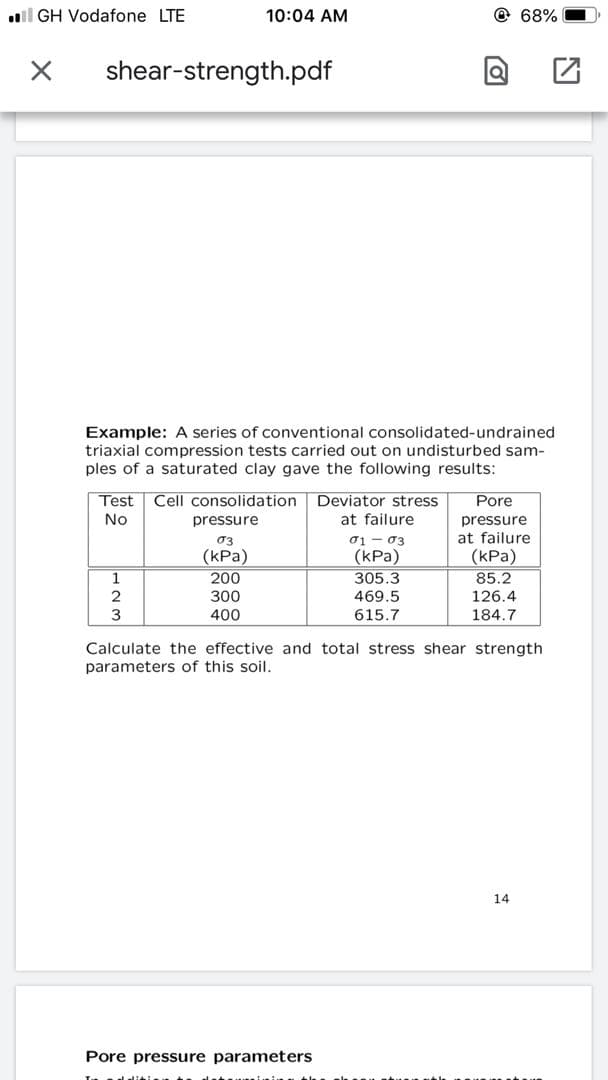 l GH Vodafone LTE
10:04 AM
@ 68%
shear-strength.pdf
Example: A series of conventional consolidated-undrained
triaxial compression tests carried out on undisturbed sam-
ples of a saturated clay gave the following results:
Test
Cell consolidation
Deviator stress
Pore
No
pressure
at failure
pressure
- 03
(КРа)
305.3
at failure
(КРа)
85.2
03
(КРа)
200
1
2
300
469.5
126.4
400
615.7
184.7
Calculate the effective and total stress shear strength
parameters of this soil.
14
Pore pressure parameters
