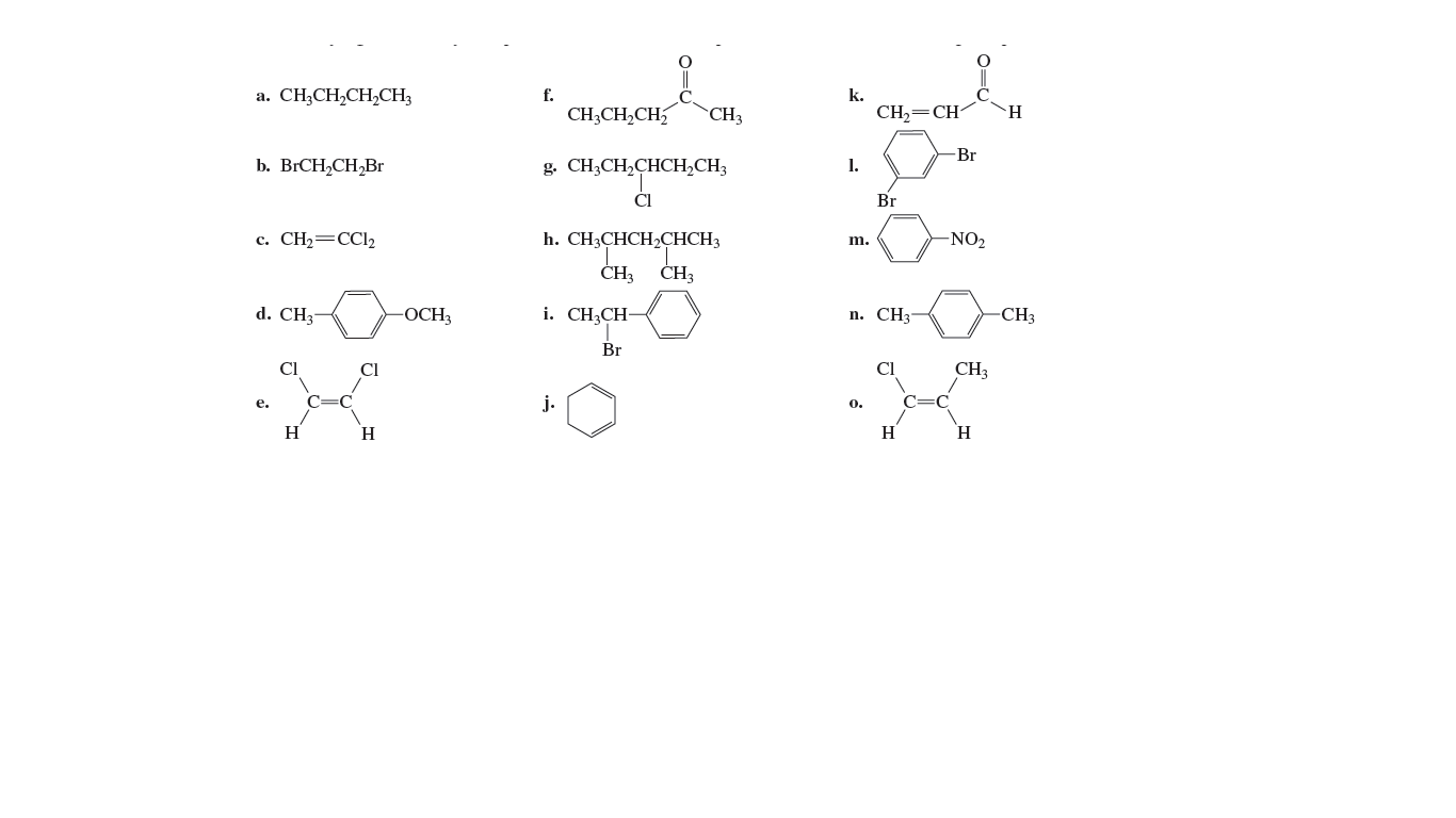 a. CH3CH,CH,CH3
f.
k.
CH;CH,CH,
CH3
CH,=CH
-Br
b. BГCH,CH-Br
g. CH3CH,CHCH,CH3
1.
Cl
Br
с. СH— СCI
h. CH3CHCH2CHCH3
-NO2
m.
ČH3
CH3
d. CH3
-OCH3
i. CH,CH-
n. CH3
CH3
Br
CI
CI
CH3
j.
е.
0.
H
H
H
H
