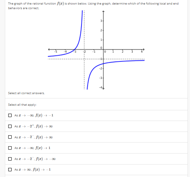 The graph of the rational function f(x) is shown below. Using the graph, determine which of the following local and end
behaviors are correct.
Select all correct answers.
Select all that apply:
As I →→→→∞0, f(1)→ −1
As I →→2¹, f(x) → ∞
As I →→→→2. f(x) → ∞
As I →→→→∞0, f(1) → 1
As I →→→2. f(x) → →∞
As I →→∞0, f(z) → −1
3-
1-
0
10