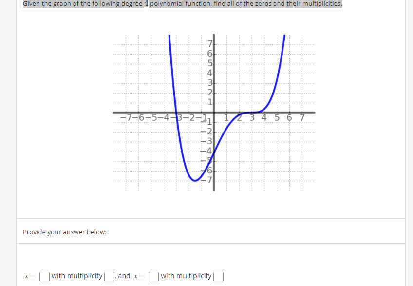 Given the graph of the following degree 4 polynomial function, find all of the zeros and their multiplicities.
Provide your answer below:
X=
with multiplicity
-7-6-5-4-3-2-1
HN WA654
TT
3
2
IN
1
-2
1234KON
-3
-7
and x = with multiplicity
3 4 5 6 7