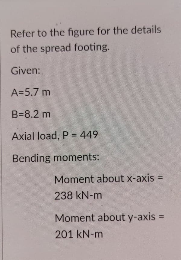 Refer to the figure for the details
of the spread footing.
Given:
A=5.7 m
B=8.2 m
Axial load, P = 449
%3D
Bending moments:
Moment about x-axis =
%3D
238 kN-m
Moment about y-axis =
%3D
201 kN-m
