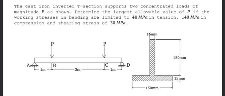 The cast iron inverted T-section supports two concentrated loads of
magnitude P as shown. Determine the largest allowable value of P if the
working stresses in bending are limited to 48 MPa in tension, 140 MPa in
compression and shearing stress of 30 MPa.
15mm
P
150mm
Aap
D
3m
1m
15mm
1m
B
150mm