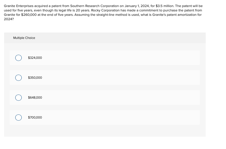 Granite Enterprises acquired a patent from Southern Research Corporation on January 1, 2024, for $3.5 million. The patent will be
used for five years, even though its legal life is 20 years. Rocky Corporation has made a commitment to purchase the patent from
Granite for $260,000 at the end of five years. Assuming the straight-line method is used, what is Granite's patent amortization for
2024?
Multiple Choice
$324,000
$350,000
$648,000
$700,000