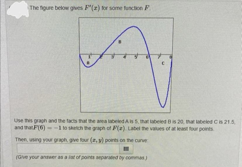 The figure below gives F'(x) for some function F.
B
5¹
7
Amy
3
C
(Give your answer as a list of points separated by commas.)
8
Use this graph and the facts that the area labeled A is 5, that labeled B is 20, that labeled C is 21.5,
and that F(6) -1 to sketch the graph of F(x). Label the values of at least four points.
Then, using your graph, give four (x, y) points on the curve: