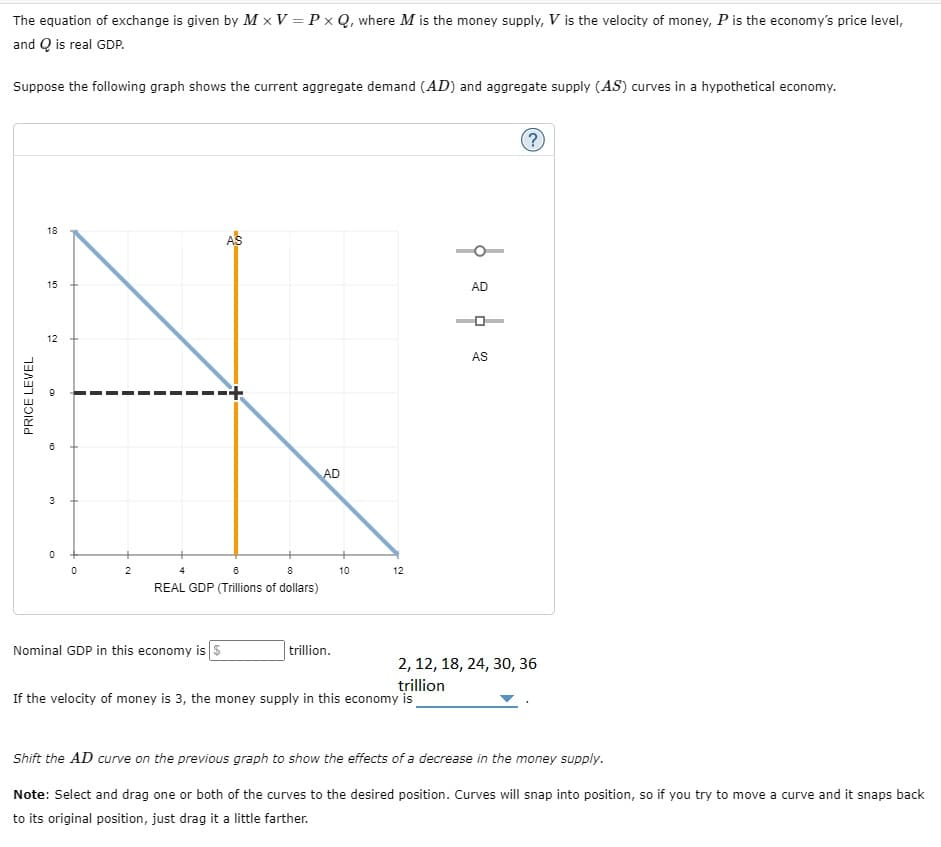 The equation of exchange is given by M x V = PxQ, where M is the money supply, V is the velocity of money, P is the economy's price level,
and Q is real GDP.
Suppose the following graph shows the current aggregate demand (AD) and aggregate supply (AS) curves in a hypothetical economy.
PRICE LEVEL
18
15
12
6
3
0
0
2
AS
4
6
8
REAL GDP (Trillions of dollars)
Nominal GDP in this economy is $
AD
trillion.
10
12
AD
If the velocity of money is 3, the money supply in this economy is
D
AS
?
2, 12, 18, 24, 30, 36
trillion
Shift the AD curve on the previous graph to show the effects of a decrease in the money supply.
Note: Select and drag one or both of the curves to the desired position. Curves will snap into position, so if you try to move a curve and it snaps back
to its original position, just drag it a little farther.