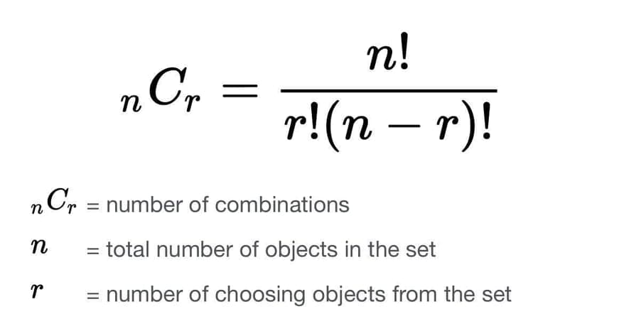 n!
n C,
r!(n – r)!
nCr
r = number of combinations
= total number of objects in the set
= number of choosing objects from the set
