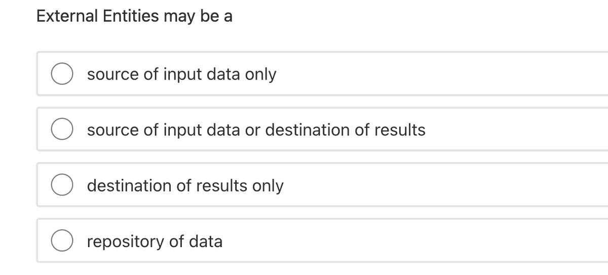 External Entities may be a
source of input data only
source of input data or destination of results
destination of results only
repository of data
