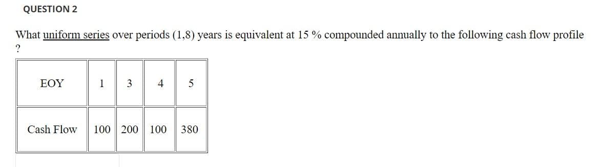 QUESTION 2
What uniform series over periods (1,8) years is equivalent at 15 % compounded annually to the following cash flow profile
EOY
1
Cash Flow
100 200
100
380
