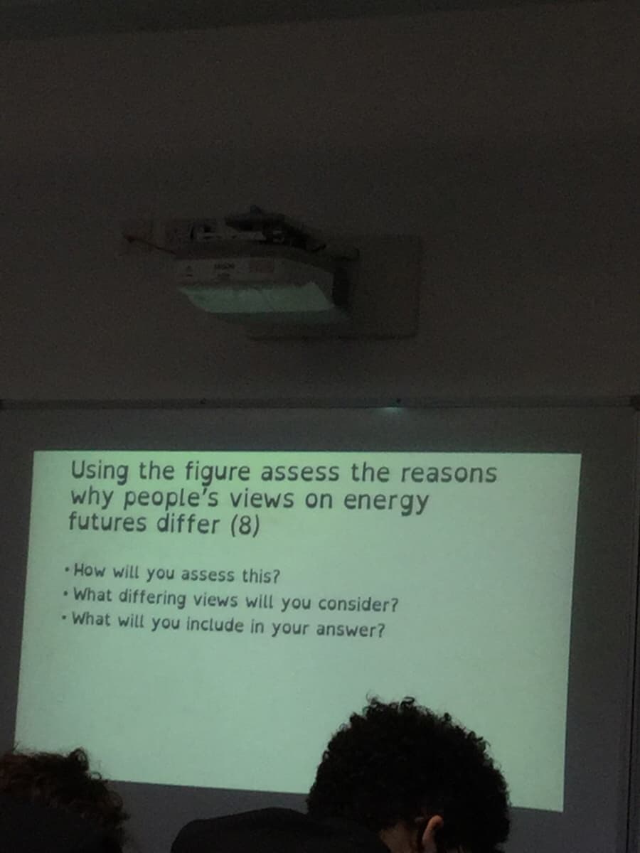 Using the figure assess the reasons
why people's views on energy
futures differ (8)
• How will you assess this?
• What differing views will you consider?
• What will you include in your answer?
