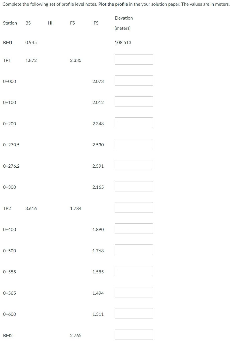 Complete the following set of profile level notes. Plot the profile in the your solution paper. The values are in meters.
Elevation
Station BS
HI
FS
IFS
(meters)
BM1
108.513
TP1
2.335
0+000
0+100
0+200
0+270.5
0+276.2
0+300
TP2
0+400
0+500
0+555
0+565
0+600
BM2
0.945
1.872
3.616
1.784
2.765
2.073
2.012
2.348
2.530
2.591
2.165
1.890
1.768
1.585
1.494
1.311