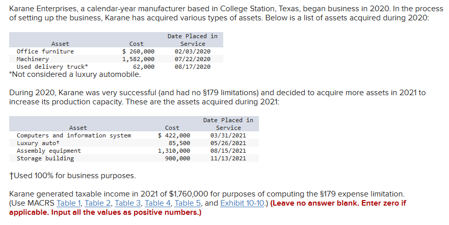 Karane Enterprises, a calendar-year manufacturer based in College Station, Texas, began business in 2020. In the process
of setting up the business, Karane has acquired various types of assets. Below is a list of assets acquired during 2020:
Asset
Office furniture
Machinery
Cost
$ 260,000
1,582,000
62,000
Used delivery truck*
*Not considered a luxury automobile.
Date Placed in
Service
02/03/2020
07/22/2020
08/17/2020
During 2020, Karane was very successful (and had no §179 limitations) and decided to acquire more assets in 2021 to
increase its production capacity. These are the assets acquired during 2021:
Asset
Computers and information system
Luxury autot
Assembly equipment
Storage building
†Used 100% for business purposes.
Karane generated taxable income in 2021 of $1,760,000 for purposes of computing the §179 expense limitation.
(Use MACRS Table 1, Table 2, Table 3, Table 4, Table 5, and Exhibit 10-10.) (Leave no answer blank. Enter zero if
applicable. Input all the values as positive numbers.)
Cost
$ 422,000
85,500
Date Placed in
Service
03/31/2021
05/26/2021
08/15/2021
11/13/2021
1,310,000
900,000