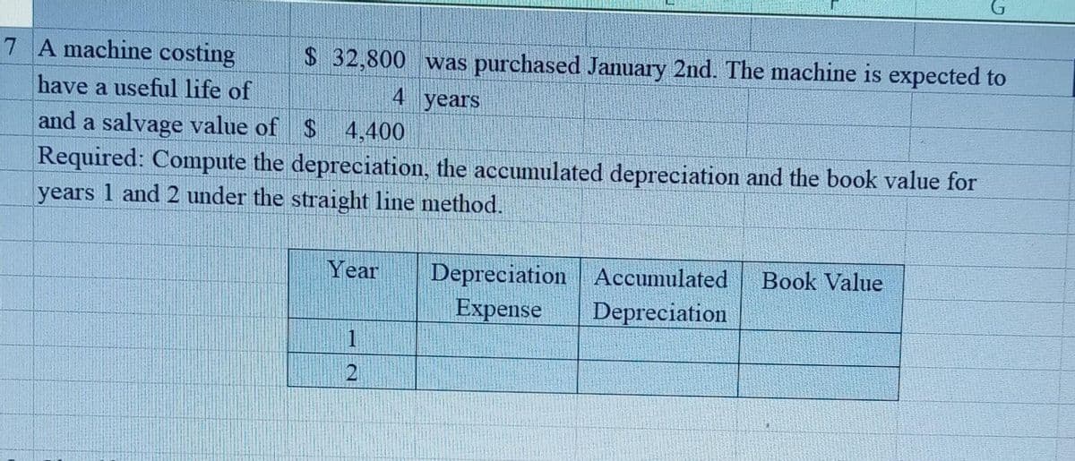 $ 32,800 was purchased January 2nd. The machine is expected to
4 years
7 A machine costing
have a useful life of
and a salvage value of
$4,400
Required: Compute the depreciation, the accumulated depreciation and the book value for
years 1 and 2 under the straight line method.
Year
1
2
Depreciation
Expense
Accumulated Book Value
Depreciation