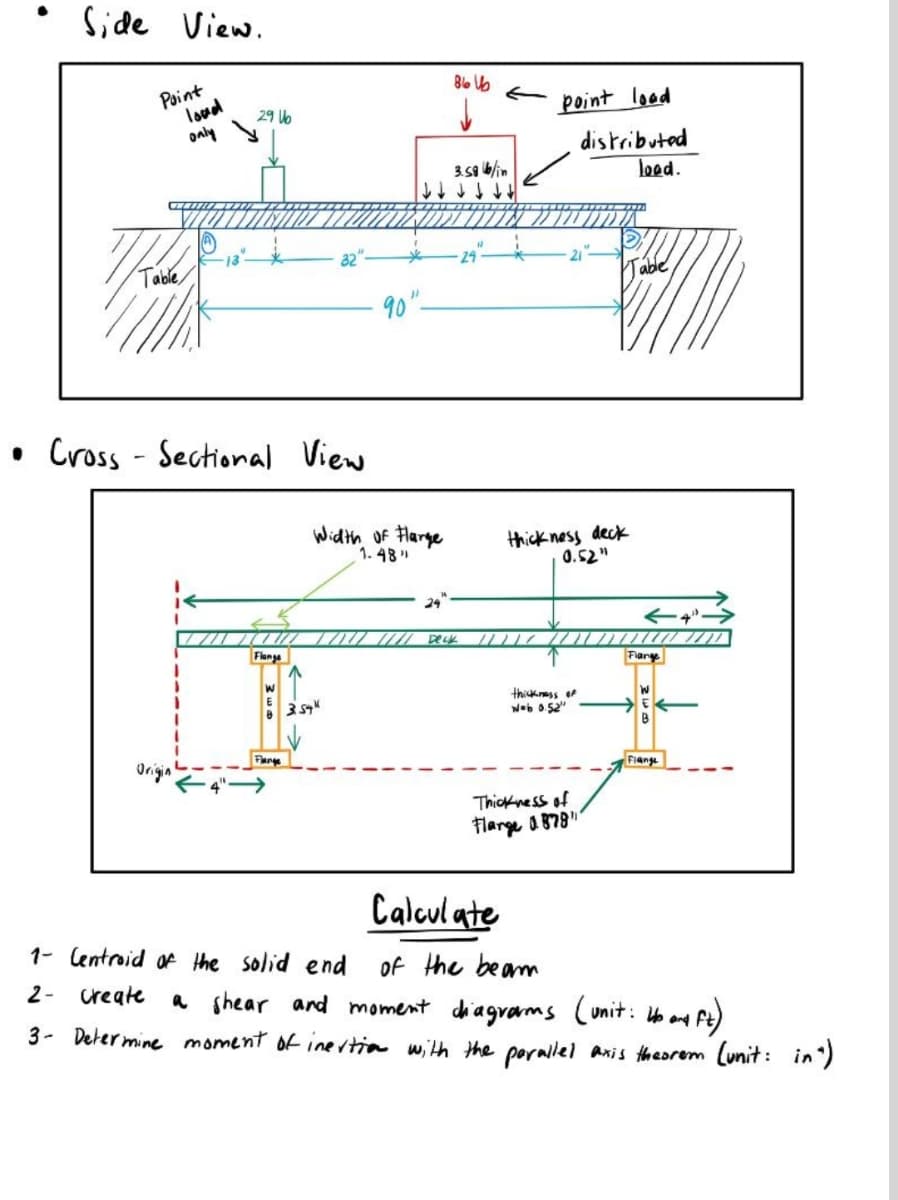 Side
View.
Point
loud
only
く
29 U6
point lood
distributed
loed.
Table
• Cross - Sectional View
Wich th OF Flarge
1. 48"
thick ness deck
0.52"
24"
Flonge
Flany
thikness
Web o 52"
B
Fange
Origin
Fiange
そ→
Thickness of
flarge a 878"
Calcul ate
1- lentroid of the solid end
of the beam
a shear ard moment dhiagrams (unit: o Pt)
3- Deter mine moment of inertia with the porallel axis theorem (unit : in)
2-
Create
and
