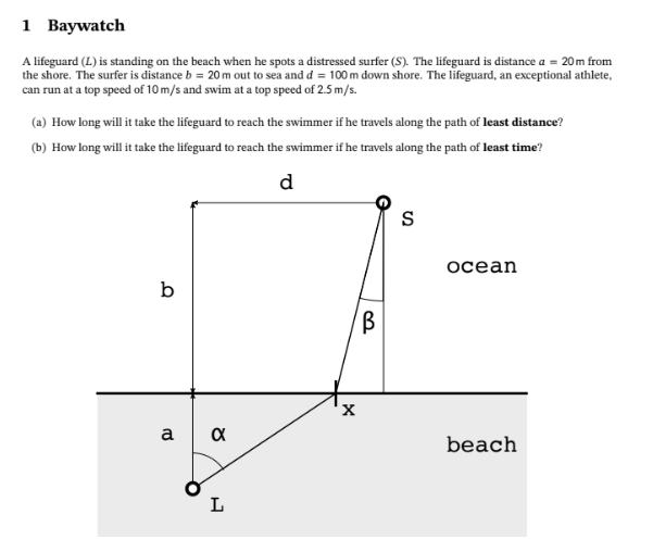 1 Baywatch
A lifeguard (L) is standing on the beach when he spots a distressed surfer (S). The lifeguard is distance a = 20m from
the shore. The surfer is distance b = 20 m out to sea and d = 100 m down shore. The lifeguard, an exceptional athlete,
can run at a top speed of 10 m/s and swim at a top speed of 2.5 m/s.
(a) How long will it take the lifeguard to reach the swimmer if he travels along the path of least distance?
(b) How long will it take the lifeguard to reach the swimmer if he travels along the path of least time?
d
осean
b
a
beach
L
