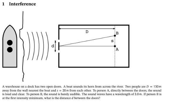 1 Interference
D
в
A warehouse on a dock has two open doors. A boat sounds its horn from across the river. Two people are D = 150m
away from the wall nearest the boat and s = 20m from each other. To person A, directly between the doors, the sound
is loud and clear. To person B, the sound is barely audible. The sound waves have a wavelength of 3.0m. If person B is
at the first intensity minimum, what is the distance d between the doors?
