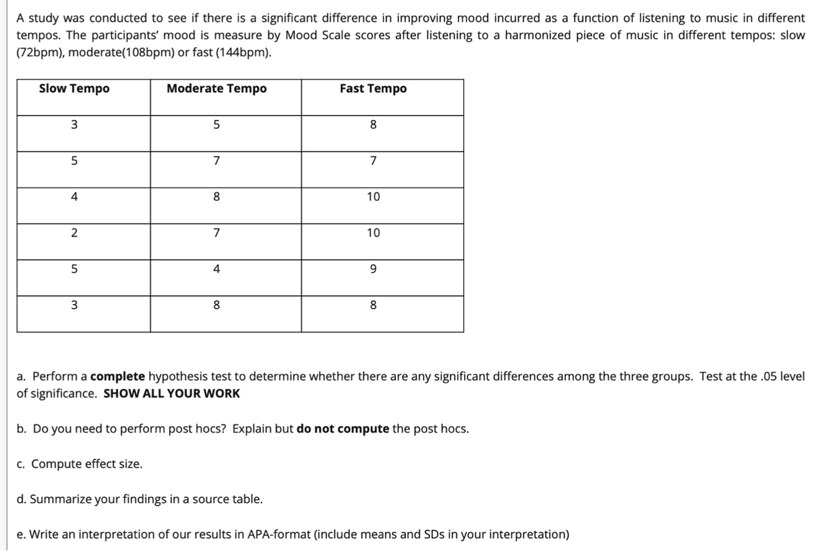 A study was conducted to see if there is a significant difference in improving mood incurred as a function of listening to music in different
tempos. The participants' mood is measure by Mood Scale scores after listening to a harmonized piece of music in different tempos: slow
(72bpm), moderate(108bpm) or fast (144bpm).
Slow Tempo
Moderate Tempo
Fast Tempo
3.
8
7
7
4
8
10
7
10
4
9.
8.
8.
a. Perform a complete hypothesis test to determine whether there are any significant differences among the three groups. Test at the .05 level
of significance. SHOW ALL YOUR WORK
b. Do you need to perform post hocs? Explain but do not compute the post hocs.
c. Compute effect size.
d. Summarize your findings in a source table.
e. Write an interpretation of our results in APA-format (include means and SDs in your interpretation)
