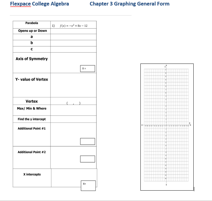 Parabola
1) f0) = -x² + &x – 12
Opens up or Down
a
b
Axis of Symmetry
Y- value of Vertex
Vertex
Max/ Min & Where
Find the y intercept
Additional Point #1
Additional Point #2
X intercepts
