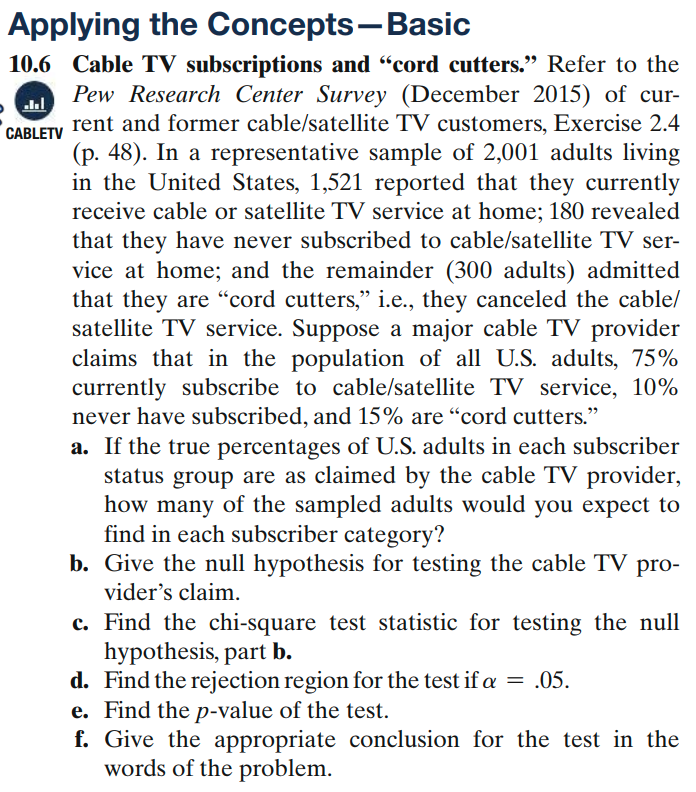 **Applying the Concepts—Basic**

**10.6 Cable TV subscriptions and “cord cutters.”** Refer to the *Pew Research Center Survey* (December 2015) of current and former cable/satellite TV customers, Exercise 2.4 (p. 48). In a representative sample of 2,001 adults living in the United States, 1,521 reported that they currently receive cable or satellite TV service at home; 180 revealed that they have never subscribed to cable/satellite TV service at home; and the remainder (300 adults) admitted that they are “cord cutters,” i.e., they canceled the cable/satellite TV service. Suppose a major cable TV provider claims that in the population of all U.S. adults, 75% currently subscribe to cable/satellite TV service, 10% never have subscribed, and 15% are “cord cutters.”

a. If the true percentages of U.S. adults in each subscriber status group are as claimed by the cable TV provider, how many of the sampled adults would you expect to find in each subscriber category?

b. Give the null hypothesis for testing the cable TV provider’s claim.

c. Find the chi-square test statistic for testing the null hypothesis, part b.

d. Find the rejection region for the test if \(\alpha = .05\).

e. Find the *p*-value of the test.

f. Give the appropriate conclusion for the test in the words of the problem.