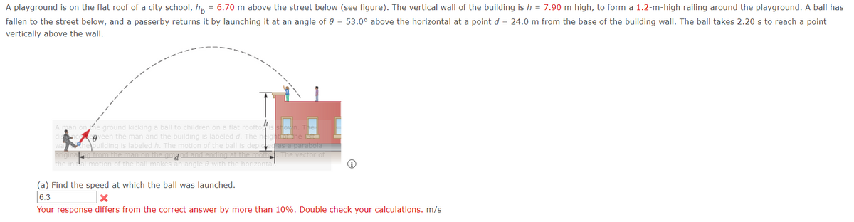 A playground is on the flat roof of a city school, h, = 6.70 m above the street below (see figure). The vertical wall of the building is h = 7.90 m high, to form a 1.2-m-high railing around the playground. A ball has
fallen to the street below, and a passerby returns it by launching it at an angle of 0 = 53.0° above the horizontal at a point d = 24.0 m from the base of the building wall. The ball takes 2.20 s to reach a point
vertically above the wall.
A man onhe ground kicking a ball to children on a flat rooftois
epveen the man and the building is labeled d. The heighttothe le
building is labeled h. The motion of the ball is depiced as a parabota
originatng from the man on the grond and ending at the rooftod. The vector of
dis
the initlal motion of the ball makes an angle e with the horizontal
(a) Find the speed at which the ball was launched.
6.3
Your response differs from the correct answer by more than 10%. Double check your calculations. m/s
