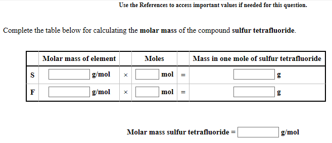 ### Calculating the Molar Mass of Sulfur Tetrafluoride 

**Objective:** To determine the molar mass of the compound sulfur tetrafluoride (SF₄).

**Instructions:**
Use the references to access important values if needed for this exercise.

Complete the table below for calculating the molar mass of the compound sulfur tetrafluoride.

#### Calculation Table:

| Element | Molar Mass of Element | Moles | Mass in One Mole of Sulfur Tetrafluoride |
|---------|-----------------------|-------|------------------------------------------|
| S       | ______ g/mol          | × 1 mol  | = ______ g                             |
| F       | ______ g/mol          | × 4 mol  | = ______ g                             |

#### Final Calculation:
Molar mass of sulfur tetrafluoride = ___________ g/mol

**Graph/Diagram Explanation:**
The table provided in this exercise is designed to assist in the calculation of the molar mass of sulfur tetrafluoride. It is divided into four columns:

1. **Element**: Each row specifies an element in the compound (Sulfur (S) and Fluorine (F)).
2. **Molar Mass of Element**: This is where you input the molar mass of the element, typically in grams per mole (g/mol).
3. **Moles**: This column indicates the number of moles of each element in one mole of sulfur tetrafluoride. For sulfur (S), it is 1 mol, and for fluorine (F), it is 4 mol.
4. **Mass in One Mole of Sulfur Tetrafluoride**: The mass contribution of each element to one mole of sulfur tetrafluoride is calculated by multiplying the molar mass of the element by the number of moles of that element in the compound.

After filling out the table, sum the masses of sulfur and fluorine to find the total molar mass of sulfur tetrafluoride.

Transcribe and fill in all necessary values to complete the table and calculation for the molar mass of sulfur tetrafluoride.