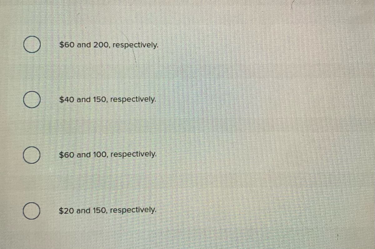 $60 and 200, respectively.
$40 and 150, respectively.
$60 and 100, respectively.
$20 and 150, respectively.
