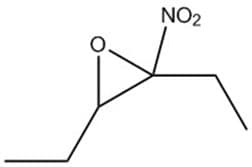 ### Nitrocyclopentane with an Oxirane Group

This is the structural diagram of Nitrocyclopentane with an oxirane group. The skeletal formula includes the following features:

1. **Cyclopentane Ring**: The main ring structure consists of five carbon atoms connected to form a pentagon, representing cyclopentane. This can be seen in the lower part of the diagram.

2. **Oxirane Group**: Attached to one of the carbon atoms of the cyclopentane ring is an oxirane group (a three-membered epoxide ring containing an oxygen atom). This oxirane group can be identified by the smaller, three-atom ring structure with one oxygen atom at the vertex.

3. **Nitro Group (NO₂)**: Attached to the carbon atom adjacent to the oxirane group, outside the cyclopentane ring, is a nitro group (NO₂). This can be seen as an NO₂ group attached to the structure.

### Chemical Notation

- **Lines and vertices**: In the diagram, each line represents a bond between two atoms, with the vertex (corner) denoting a carbon atom (not explicitly shown in skeletal formulas).
- **Oxygen and Nitrogen atoms**: The letter 'O' represents an oxygen atom, and 'NO₂' represents the nitro group.

### Educational Context

This compound is interesting in organic chemistry studies due to the presence of both an oxirane (epoxide) group and a nitro group, which provides various chemical reactivity attributes.

- **Oxirane groups** are known for being highly reactive due to the strain in the three-membered ring.
- **Nitro groups** are electron-withdrawing, which can influence the reactivity of the molecule and are also important in synthesizing other chemical compounds.

Understanding the structure and functional groups of this compound aids in broader topic areas such as electrophilic and nucleophilic reactions, ring-opening reactions, and the synthesis of complex organic molecules.