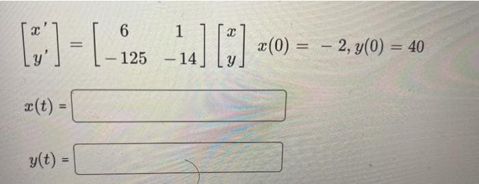 1
(0) = - 2, y(0) = 40
%3D
-125
14
-
¤(t) =
%3D
y(t) =
%3D
