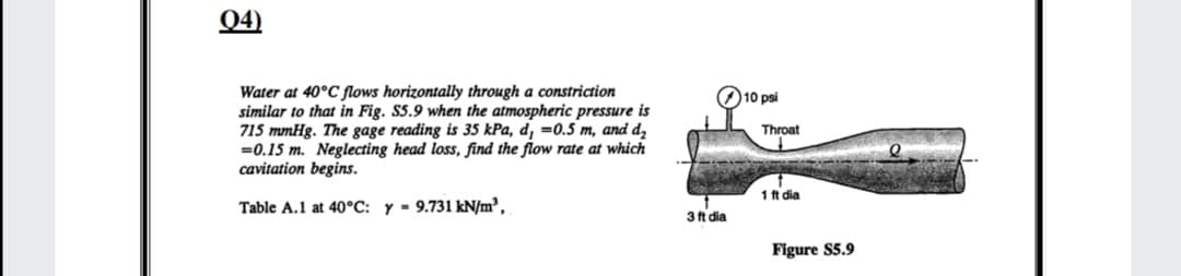 Q4)
Water at 40°C flows horizontally through a constriction
similar to that in Fig. S5.9 when the atmospheric pressure is
715 mmHg. The gage reading is 35 kPa, d, =0.5 m, and d,
=0.15 m. Neglecting head loss, find the flow rate at which
cavitation begins.
O 10 psi
Throat
1 ft dia
Table A.1 at 40°C: y = 9.731 kN/m³ ,
3 ft dia
Figure S5.9
