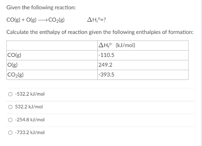 Given the following reaction:
CO(g) + O(g) →→→→CO₂(g)
AH,º=?
Calculate the enthalpy of reaction given the following enthalpies of formation:
AHO (kJ/mol)
-110.5
249.2
-393.5
CO(g)
O(g)
CO₂(g)
-532.2 kJ/mol
O 532.2 kJ/mol
-254.8 kJ/mol
O -733.2 kJ/mol