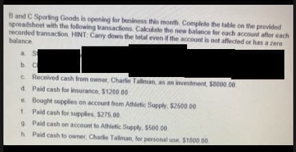 B and C Sporting Goods is opening for business this month. Complete the table on the provided
spreadsheet with the following transactions. Calculate the new balance for each account after each
recorded transaction. HINT: Carry down the total even if the account is not affected or has a zero
balance
a. S
b. C
c. Received cash from owner, Charlie Tallman, as an investment, $8000.00
d. Paid cash for insurance, $1200.00
e.
Bought supplies on account from Athletic Supply, $2500.00
f Paid cash for supplies, $275.00.
9.
Paid cash on account to Athletic Supply, $500.00
h. Paid cash to owner, Charlie Tallman, for personal use, $1800.00.