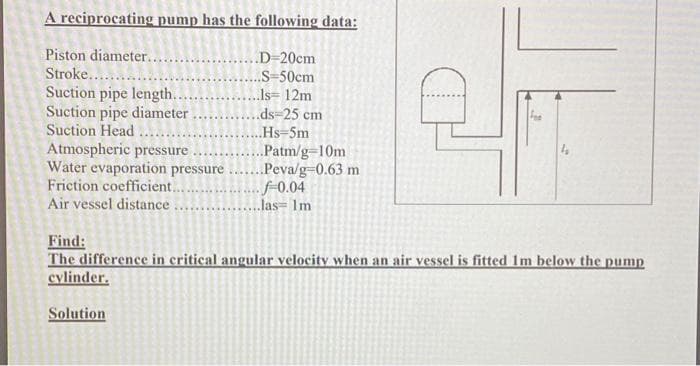 A reciprocating pump has the following data:
Piston diameter..
Stroke....
Suction pipe length..
Suction pipe diameter.
Suction Head
D-20cm
S-50cm
Is= 12m
.ds=25 cm
Hs=5m
Atmospheric pressure
Water evaporation pressure
Friction coefficient..
Air vessel distance
Patm/g=10m
Peva/g=0.63 m
F-0.04
...las= Im
Find:
The difference in eritical angular velocity when an air vessel is fitted Im below the pumn
cylinder.
Solution
