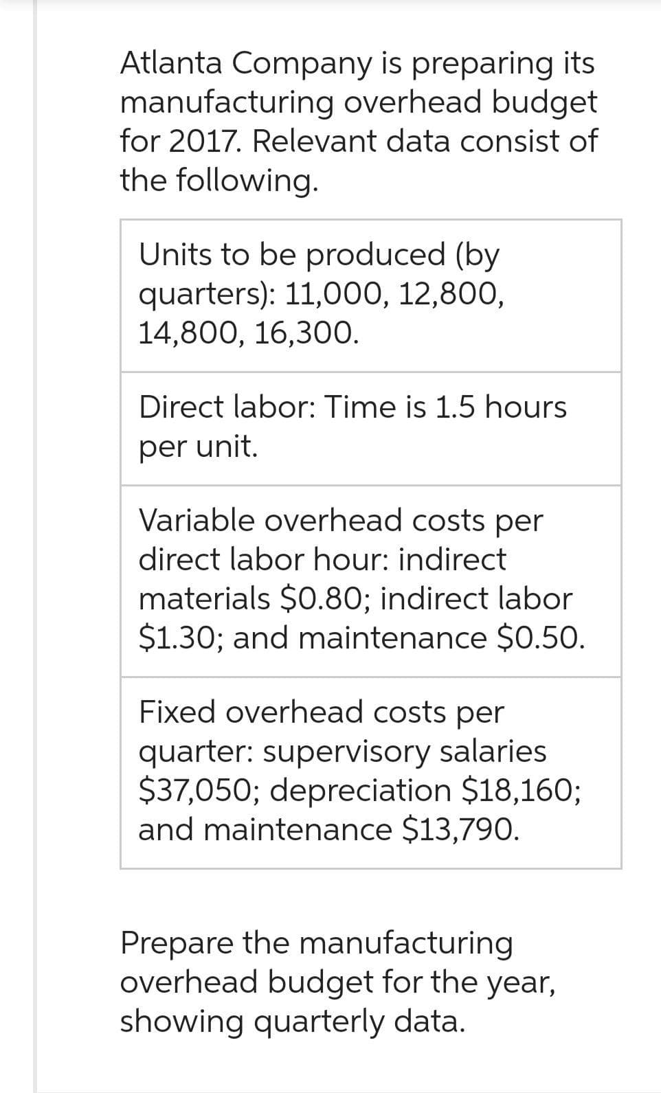 Atlanta Company is preparing its
manufacturing overhead budget
for 2017. Relevant data consist of
the following.
Units to be produced (by
quarters): 11,000, 12,800,
14,800, 16,300.
Direct labor: Time is 1.5 hours
per unit.
Variable overhead costs per
direct labor hour: indirect
materials $0.80; indirect labor
$1.30; and maintenance $0.50.
Fixed overhead costs per
quarter: supervisory salaries
$37,050; depreciation $18,160;
and maintenance $13,790.
Prepare the manufacturing
overhead budget for the year,
showing quarterly data.