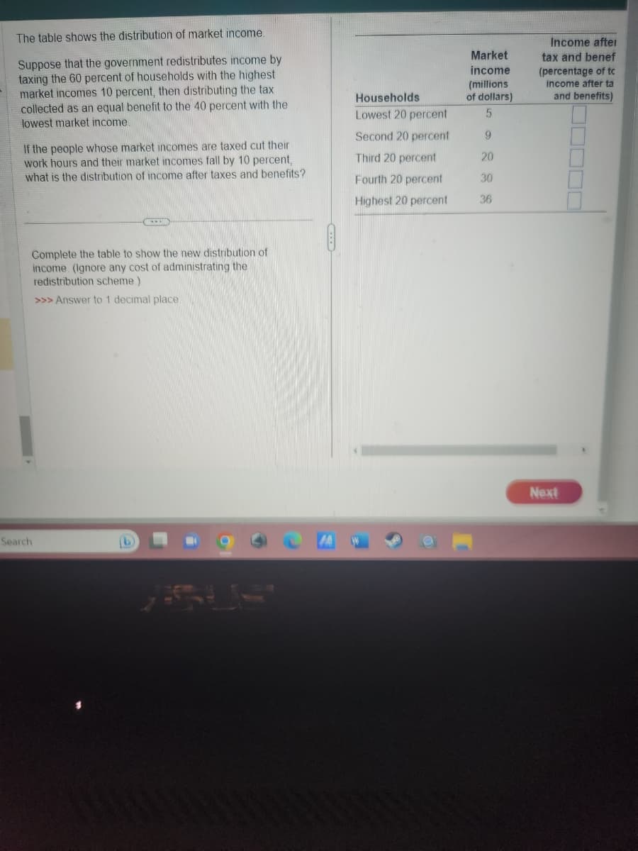 The table shows the distribution of market income.
Suppose that the government redistributes income by
taxing the 60 percent of households with the highest
market incomes 10 percent, then distributing the tax
collected as an equal benefit to the 40 percent with the
lowest market income.
If the people whose market incomes are taxed cut their
work hours and their market incomes fall by 10 percent,
what is the distribution of income after taxes and benefits?
Complete the table to show the new distribution of
income. (Ignore any cost of administrating the
redistribution scheme.)
>>> Answer to 1 decimal place.
Search
Households
Lowest 20 percent
Second 20 percent
Third 20 percent
Fourth 20 percent
Highest 20 percent
Market
income
(millions
of dollars)
5
9
20
30
36
Income after
tax and benef
(percentage of tc
income after ta
and benefits)
Next