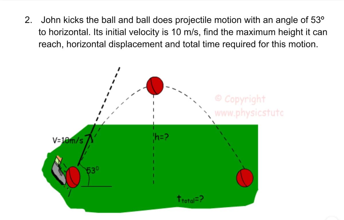 2. John kicks the ball and ball does projectile motion with an angle of 53°
to horizontal. Its initial velocity is 10 m/s, find the maximum height it can
reach, horizontal displacement and total time required for this motion.
© Copyright
www.physicstuto
V=10m/s
h=?
530
trotal=?
