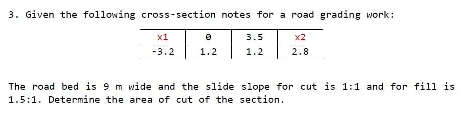 3. Given the following cross-section notes for a road grading work:
х1
3.5
x2
-3.2
1.2
1.2
2.8
The road bed is 9 m wide and the slide slope for cut is 1:1 and for fill is
1.5:1. Determine the area of cut of the section.
