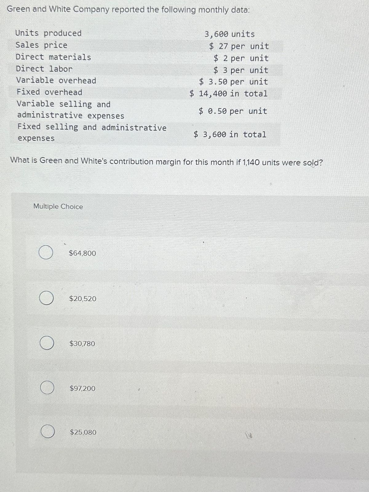 Green and White Company reported the following monthly data:
3,600 units
$ 27 per unit
$ 2 per unit
$ 3 per unit
$ 3.50 per unit
$ 14,400 in total
$0.50 per unit
Units produced
Sales price
Direct materials
Direct labor
Variable overhead
Fixed overhead
Variable selling and
administrative expenses
Fixed selling and administrative
expenses
What is Green and White's contribution margin for this month if 1,140 units were sold?
Multiple Choice
O $64,800
O $20,520
$30,780
$97,200
$3,600 in total
$25,080