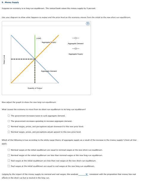 9. Money Supply
Suppose an economy is in long-run equilibrium. The central bank raises the money supply by 5 percent.
Use your diagram to show what happens to output and the price level as the economy moves from the initial to the new short-run equilibrium.
RANDO
LHAS
Aggregale Supply
*
A Demand
Quantity of Oulpul
Now adjust the graph to show the new long-run equilibrium.
Aggregate and
-
Aggregate Supply
What causes the economy to move from its short-run equilibrium to its long-run equilibrium?
The government increases taxes to curb aggregate demand.
The government increases spending to increase aggregate demand.
O Nominal wages, prices, and perceptions adjust downward to this new price level.
O Nominal wages, prices, and perceptions adjust upward to this new price level.
Which of the following is true according to the sticky-wage theory of aggregate supply as a result of the increase in the money supply? Check all that
apply.
Nominal wages at the initial equilibrium are equal to nominal wages at the new short-run equilibrium.
Nominal wages at the initial equilibrium are less than nominal wages at the new long-run equilibrium.
Real wages at the initial equilibrium are less than real wages at the new short-run equilibrium.
Real wages at the initial equilibrium are equal to real wages at the new long-run equilibrium.
Judging by the impact of the money supply on nominal and real wages, this analysis
effects in the short run but is neutral in the long run.
consistent with the proposition that money has real