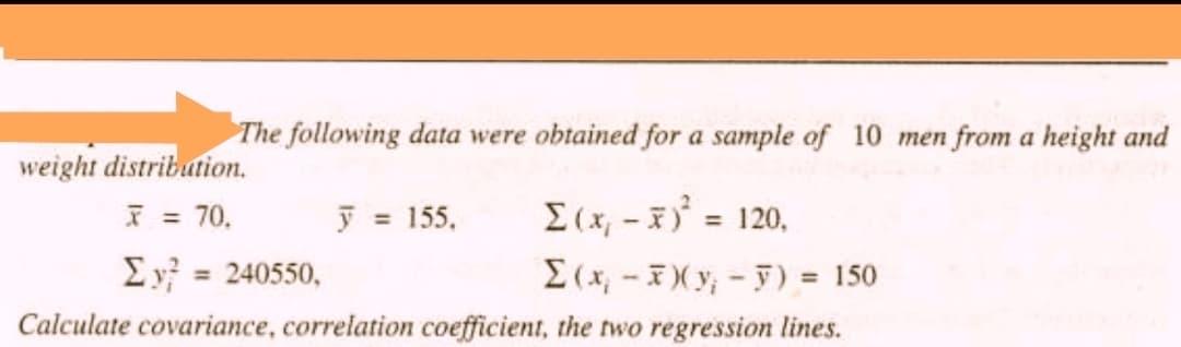 The following data were obtained for a sample of 10 men from a height and
Σ(x₁ - x)² = 120,
Ey? = 240550,
Σ(x₁ - x)(y₁ - y) = 150
Calculate covariance, correlation coefficient, the two regression lines.
weight distribution.
X = 70.
y = 155,