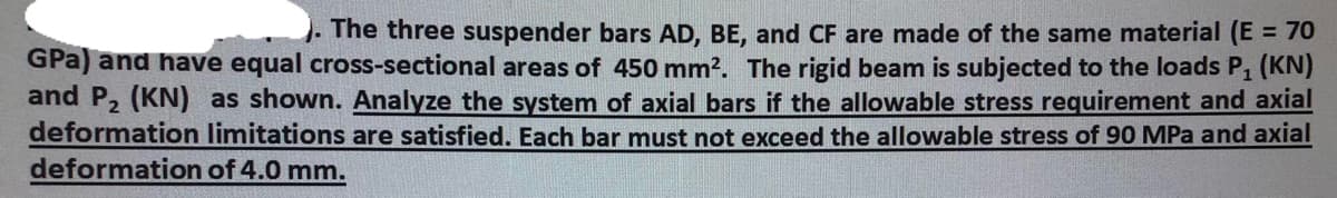 The three suspender bars AD, BE, and CF are made of the same material (E = 70
GPa) and have equal cross-sectional areas of 450 mm². The rigid beam is subjected to the loads P₁ (KN)
and P₂ (KN) as shown. Analyze the system of axial bars if the allowable stress requirement and axial
deformation limitations are satisfied. Each bar must not exceed the allowable stress of 90 MPa and axial
deformation
of 4.0 mm.