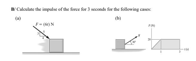 B/ Calculate the impulse of the force for 3 seconds for the following cases:
(a)
(b)
F = (61) N
F (N)
20
30
t (s)
3
